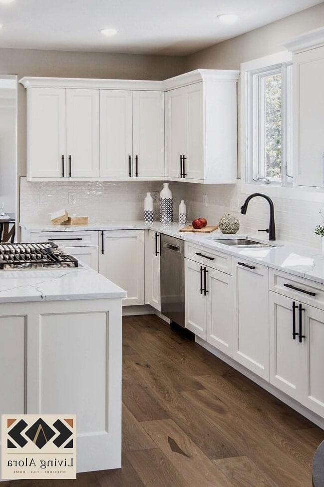 All-White Shaker Cabinets with Brass Hardware