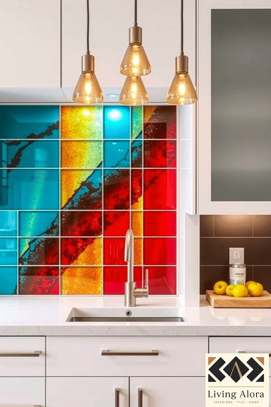 25 Colorful Glass Backsplash Ideas That Maximize Style and Function 13 Amber Glass Tile with Warm Lighting