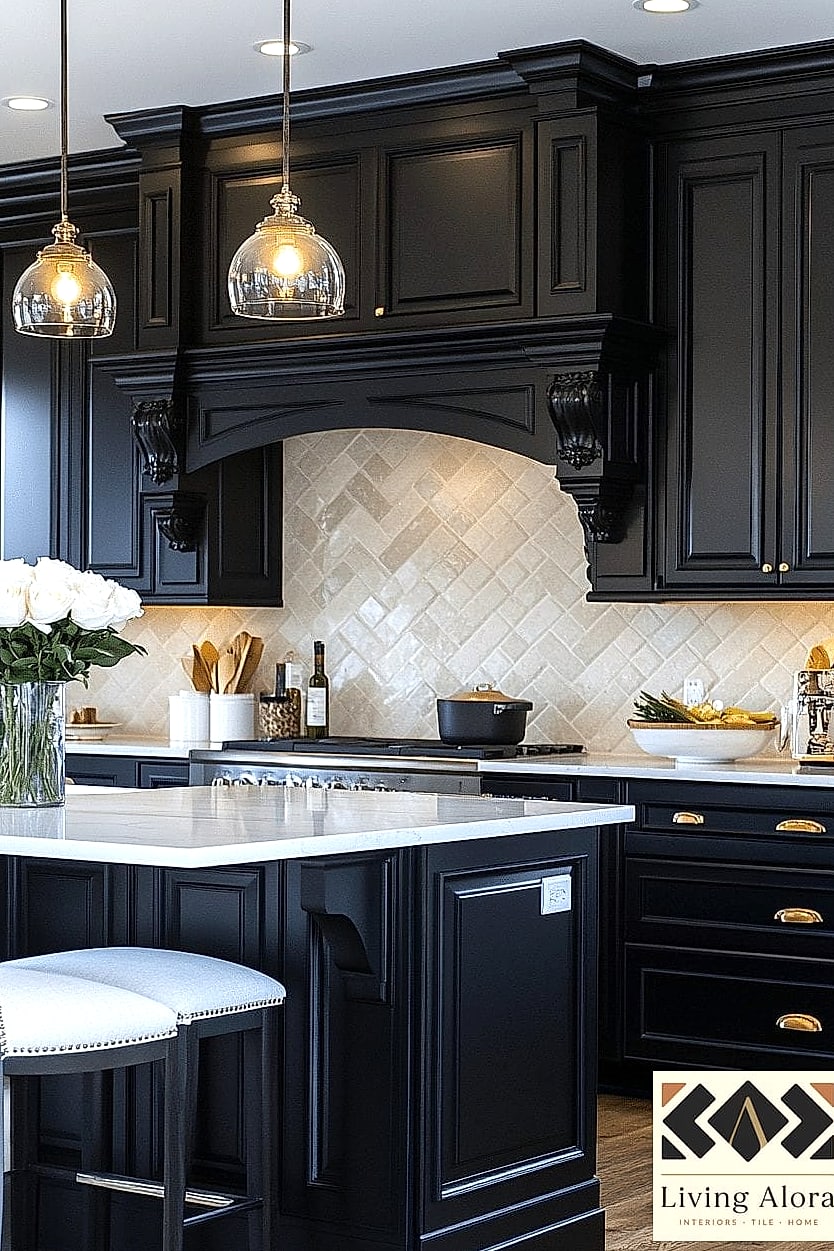 18 Black Cabinets Ideas for Every Home Style and Budget 13 Black Kitchen Island with Light Perimeter Cabinets