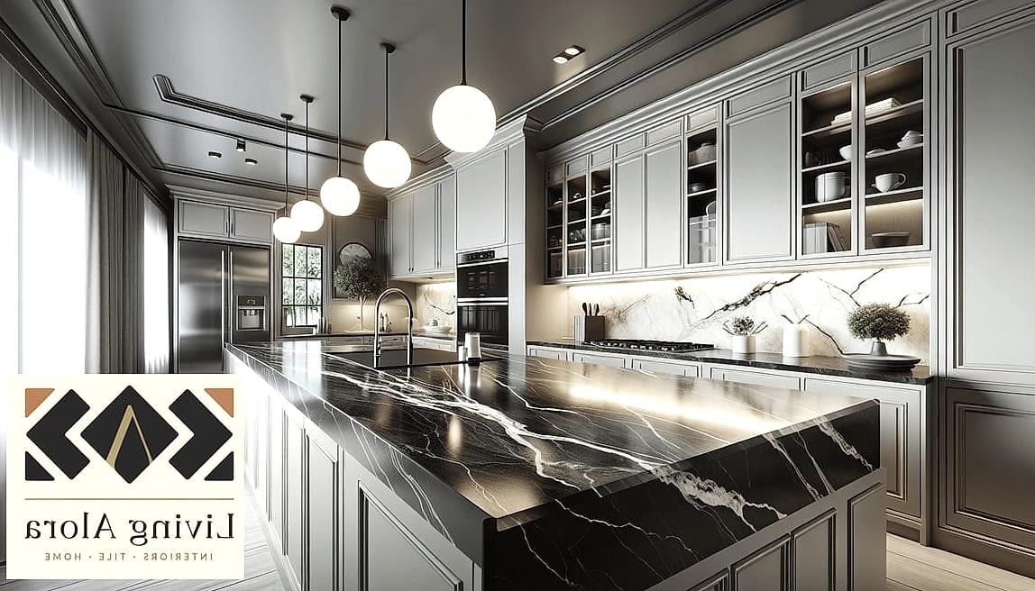 Black Marble-Look Quartz with Gold Veining