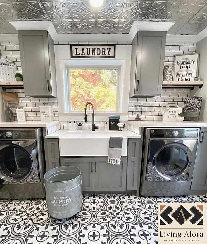 Black Mosaic Tile Laundry Room Floor