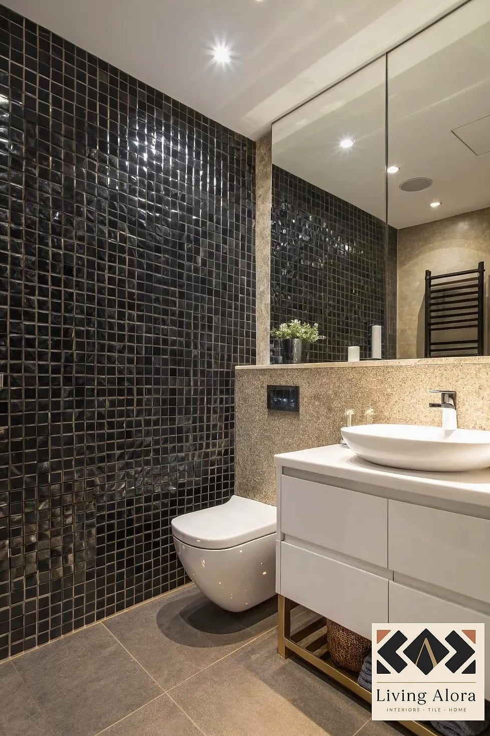 Black Mosaic Tile Wall in a Home Bar
