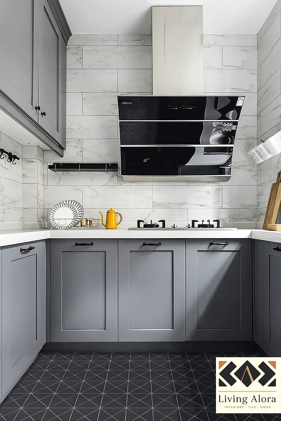Black Mosaic Tile Kitchen Floor in a Checkerboard Layout