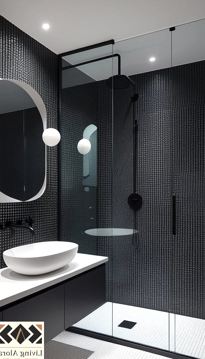 Black Mosaic Tile Accent on Open Shelving