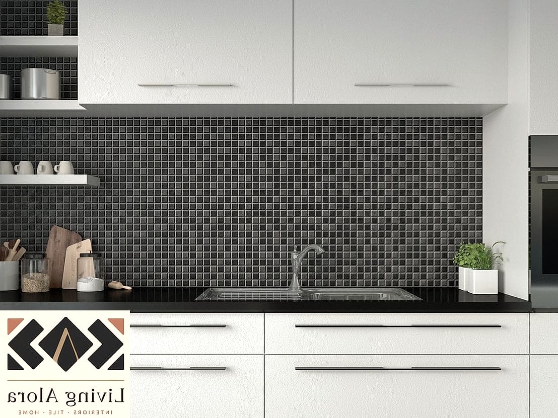 Black Mosaic Tile Kitchen Backsplash with Open Shelving
