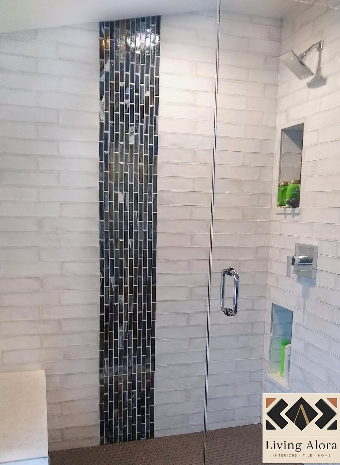 Black Mosaic Tile Accent Band on a Kitchen Backsplash