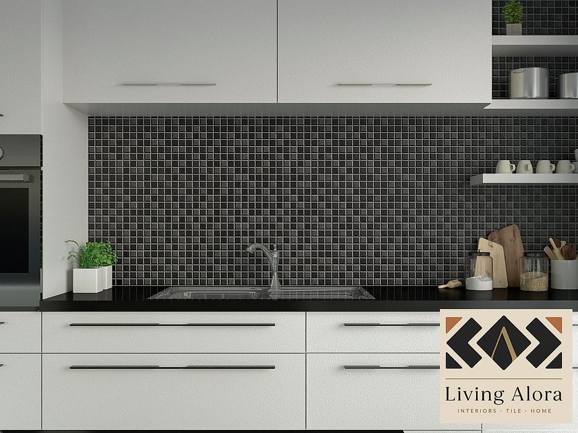 Black Mosaic Tile Kitchen Backsplash with a Marble Countertop