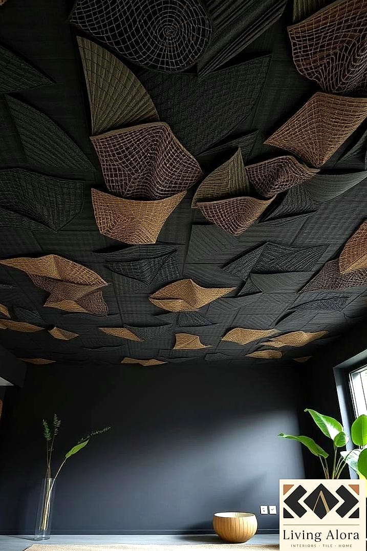 Black Mosaic Tile Statement Ceiling in a Powder Room