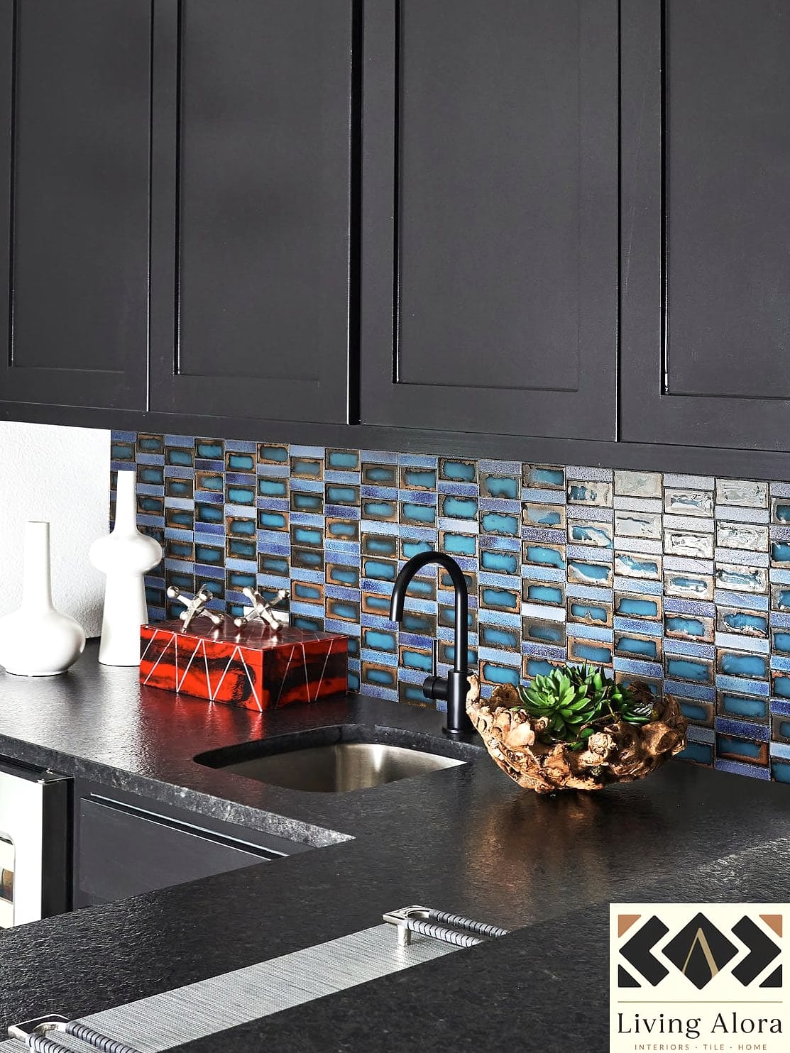 Black Tile Countertops with Minimal Grout Lines