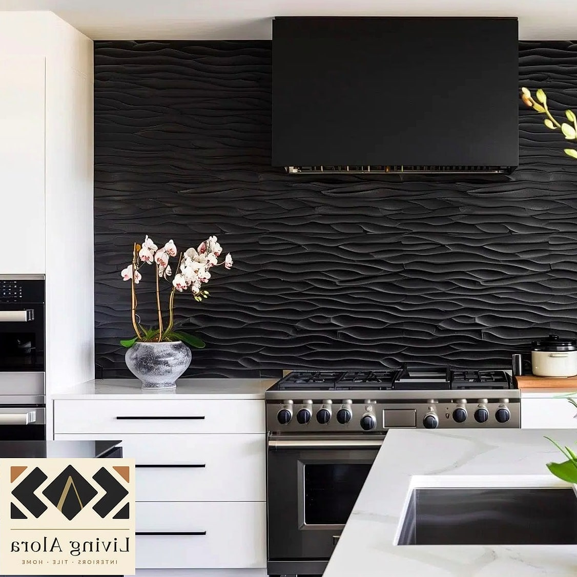 Black Tile with Quartz Countertops