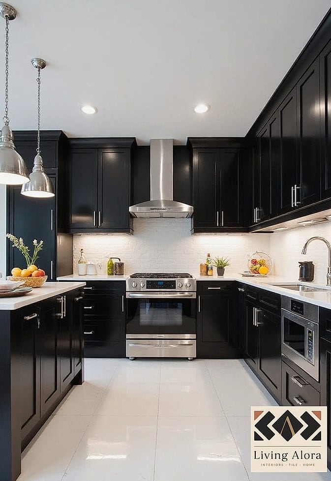 Black Tile with White Cabinetry Contrast