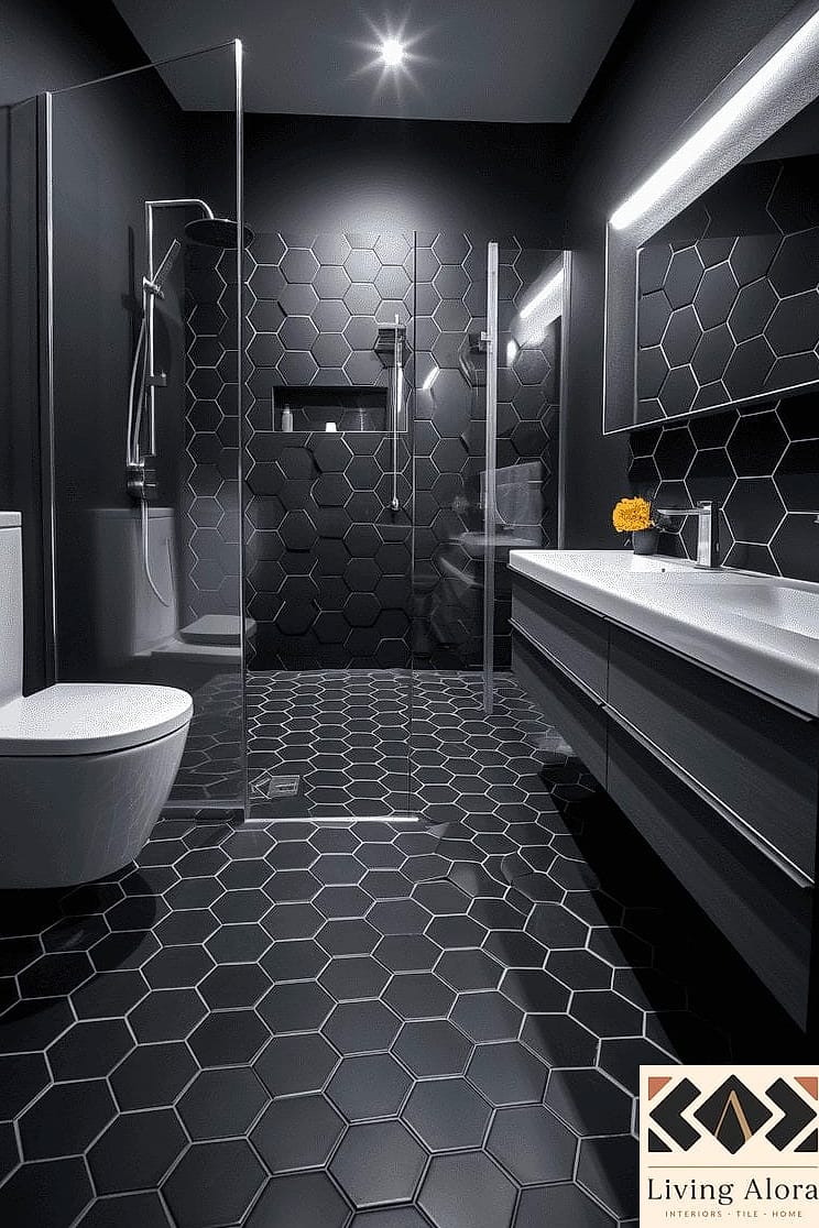 Black Tile Bathroom Floor