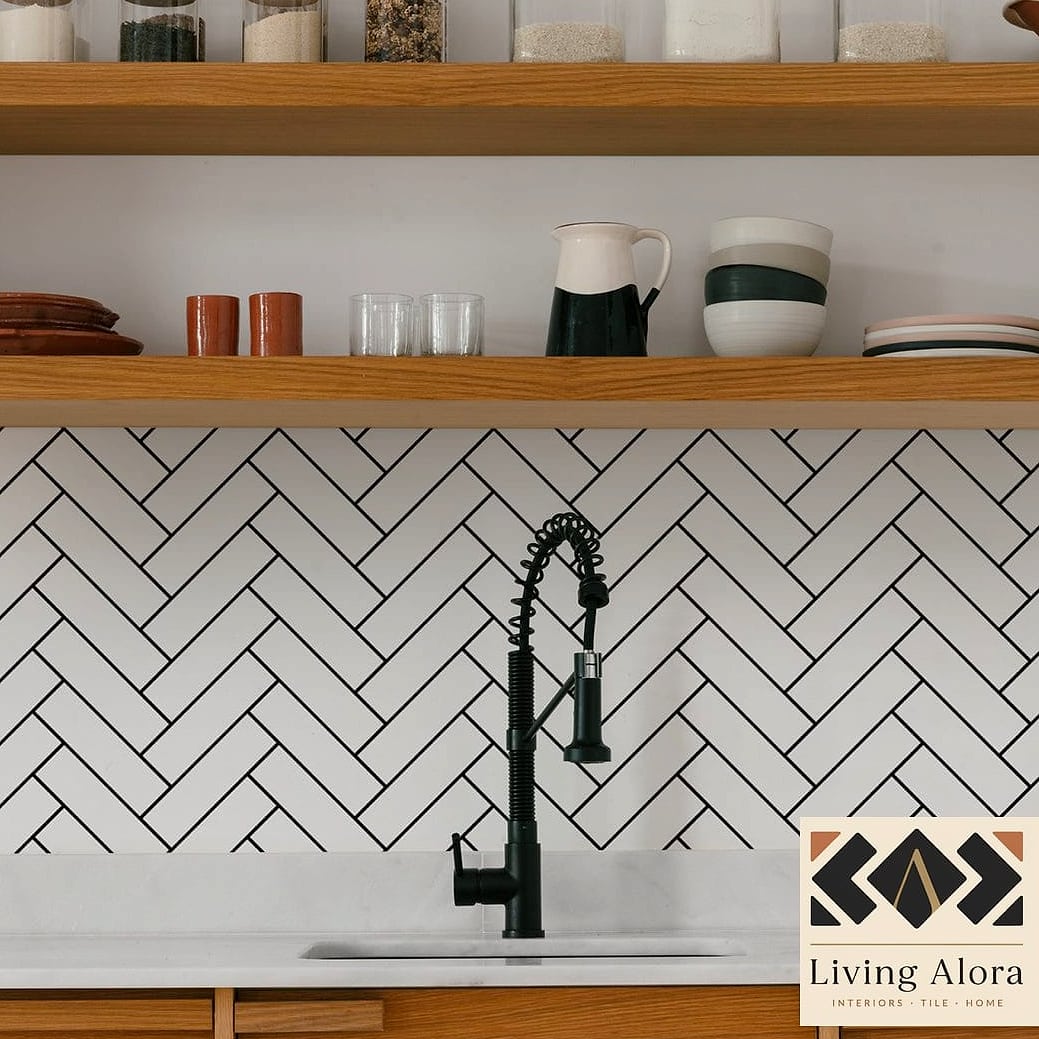 Black and White Mosaic in a Herringbone Pattern