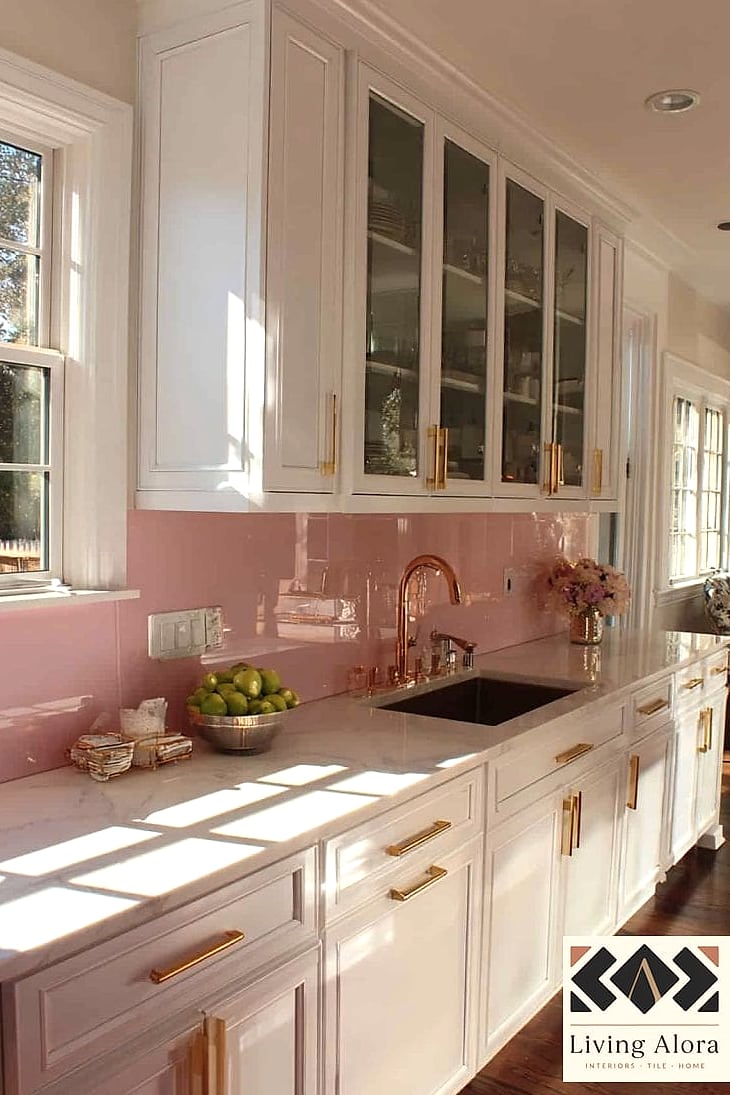 25 Colorful Glass Backsplash Ideas That Maximize Style and Function 10 Blush Pink Glass Tile with Brushed Brass