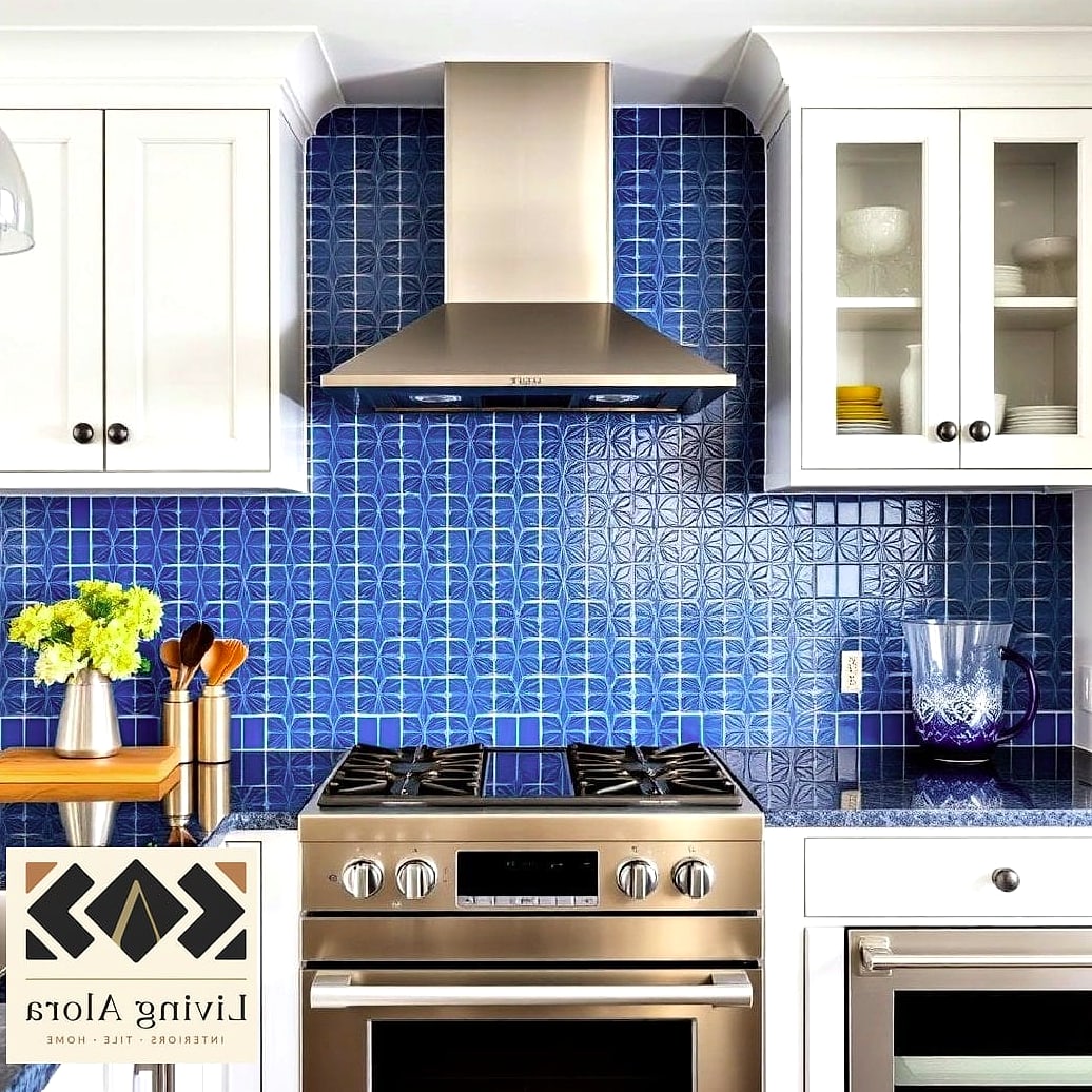 17 Ceiling Height Backsplash Ideas From Homes We Absolutely Love 7 Bold Blue Ceramic Tile Behind Open Shelving