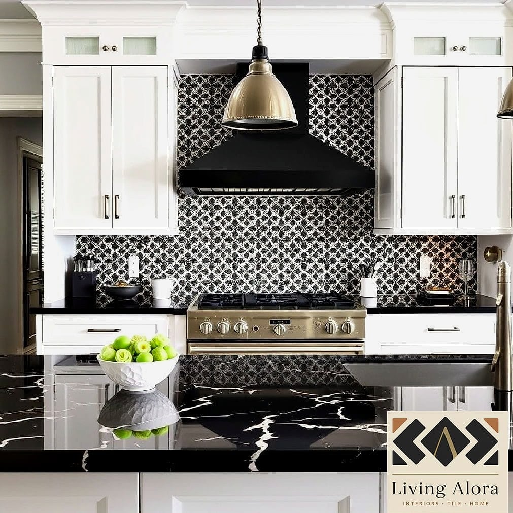 9 Backsplash for Black Countertops Ideas That Maximize Style and Function 4 Bold Patterned Tile as a Statement Wall