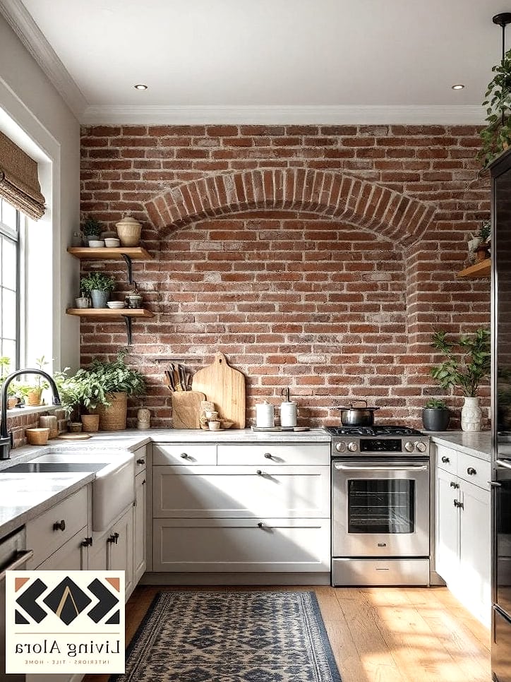 30 Heat Resistant Kitchen Ideas That Prove This Trend Is Here to Stay 14 Brick Accent Wall Behind the Cooktop
