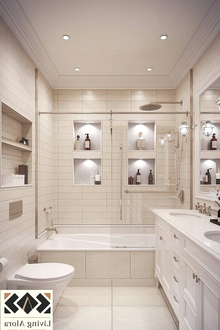 21 White Bathroom Ideas That Maximize Style and Function 11 Built-In Niche Shelving