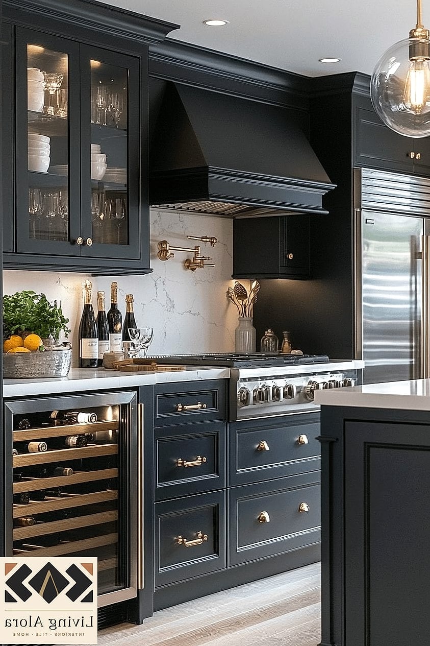 13 Dark Kitchen Ideas Perfect for Any Budget 2 Charcoal Cabinets with Brass Hardware