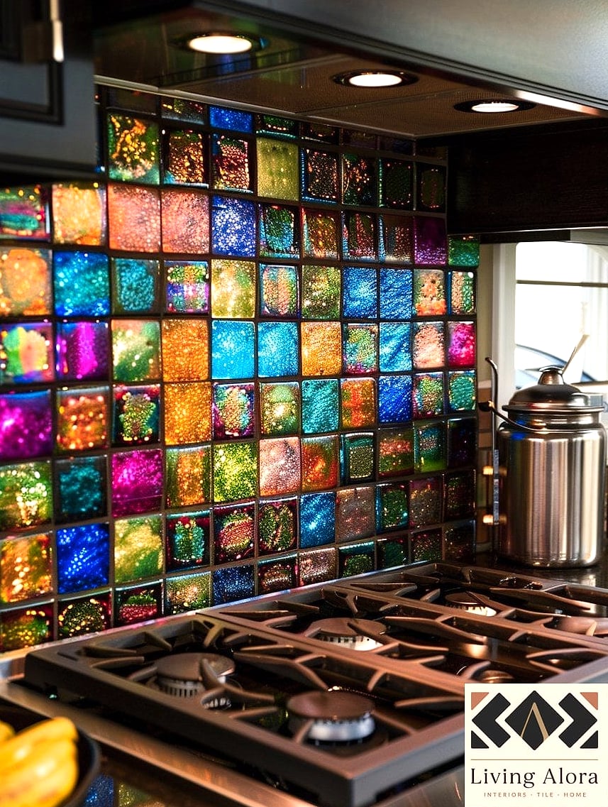 25 Colorful Glass Backsplash Ideas That Maximize Style and Function 17 Charcoal Glass Tile with Metallic Flecks