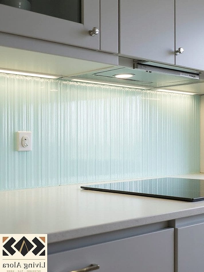 14 Modern Glass Backsplash Ideas That Maximize Style and Function 7 Clear Glass Over Wallpaper or Fabric