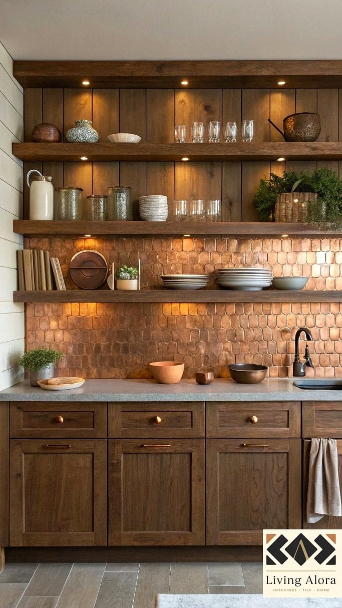 13 Copper Backsplash Ideas From Homes We Absolutely Love 8 Copper Backsplash with Open Shelving