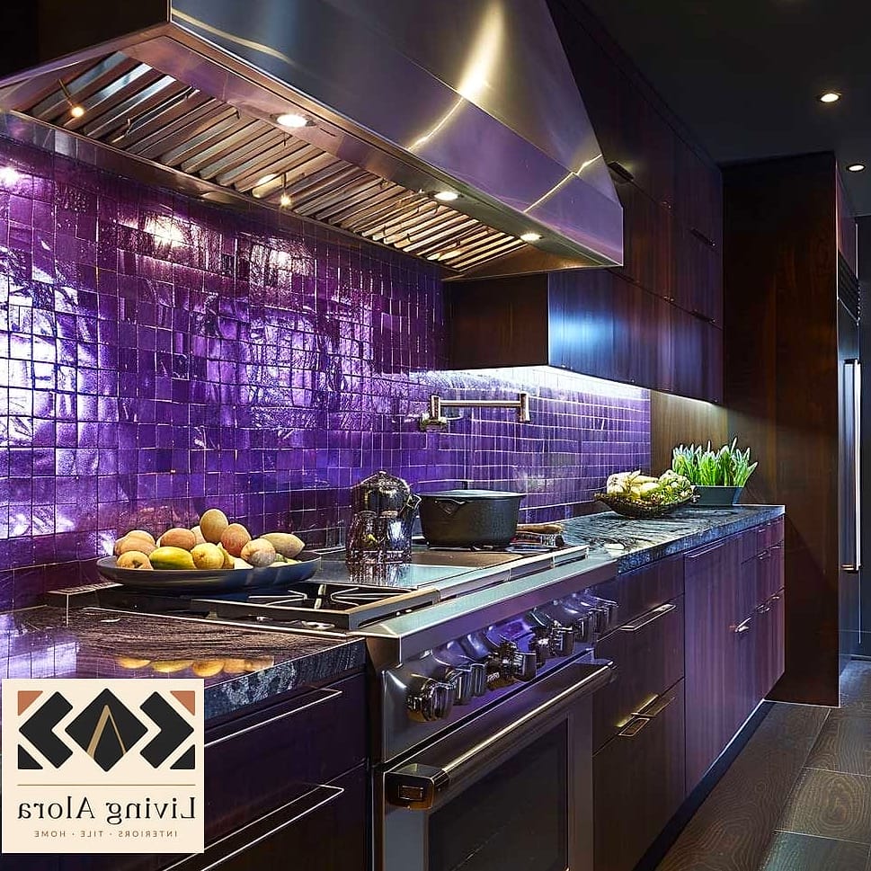 25 Colorful Glass Backsplash Ideas That Maximize Style and Function 7 Deep Plum Glass Tile in a Moody Kitchen