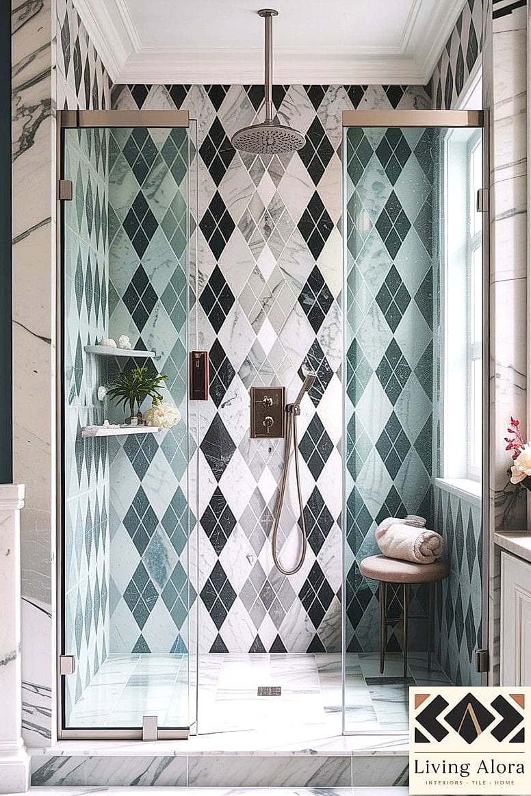 16 Diamond Tile Ideas Worth Stealing From Interior Designers 15 Diamond Mosaic Bathroom Niche