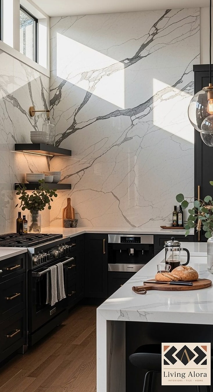30 Backsplash for Modern Cabinets Ideas to Inspire Your Next Renovation 23 Dramatic Marble Slab with Bold Veining
