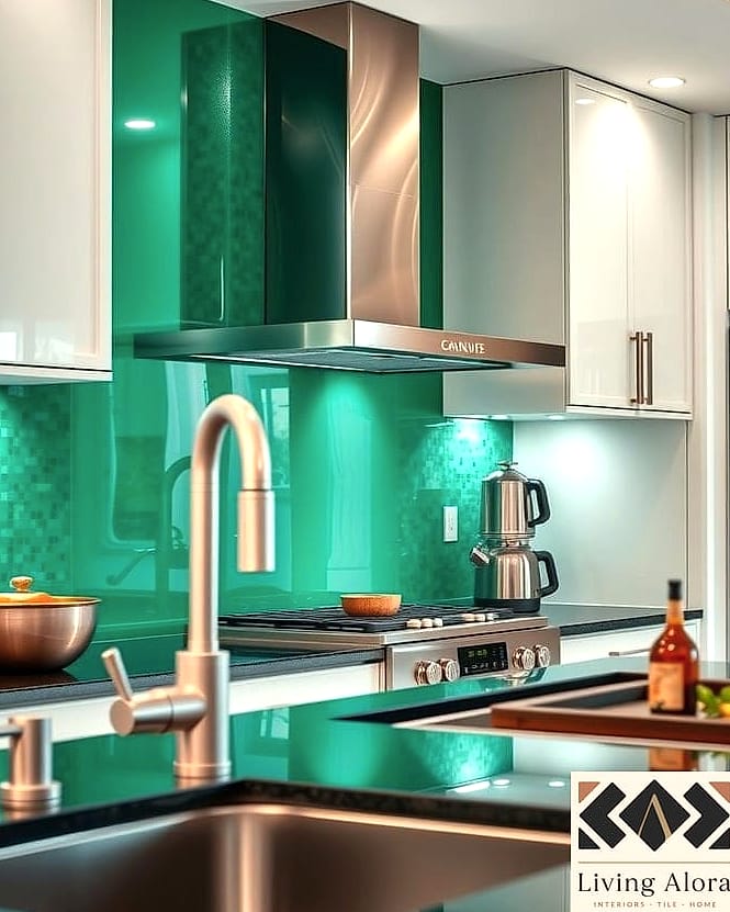 25 Colorful Glass Backsplash Ideas That Maximize Style and Function 3 Emerald Green Mosaic Accent Wall