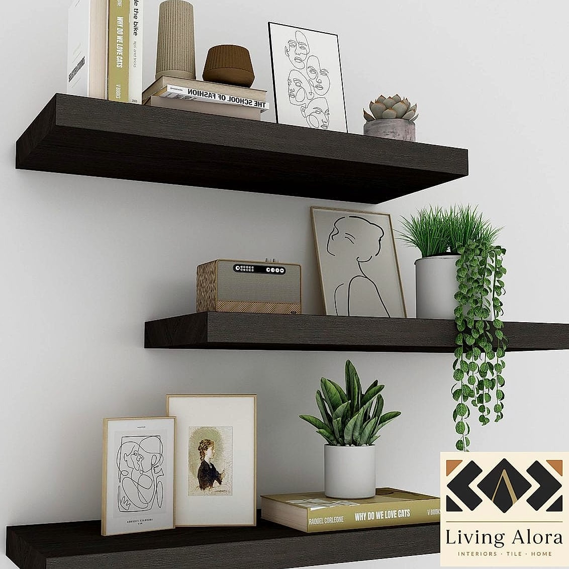 Floating Shelves Against a Bold Tile Wall