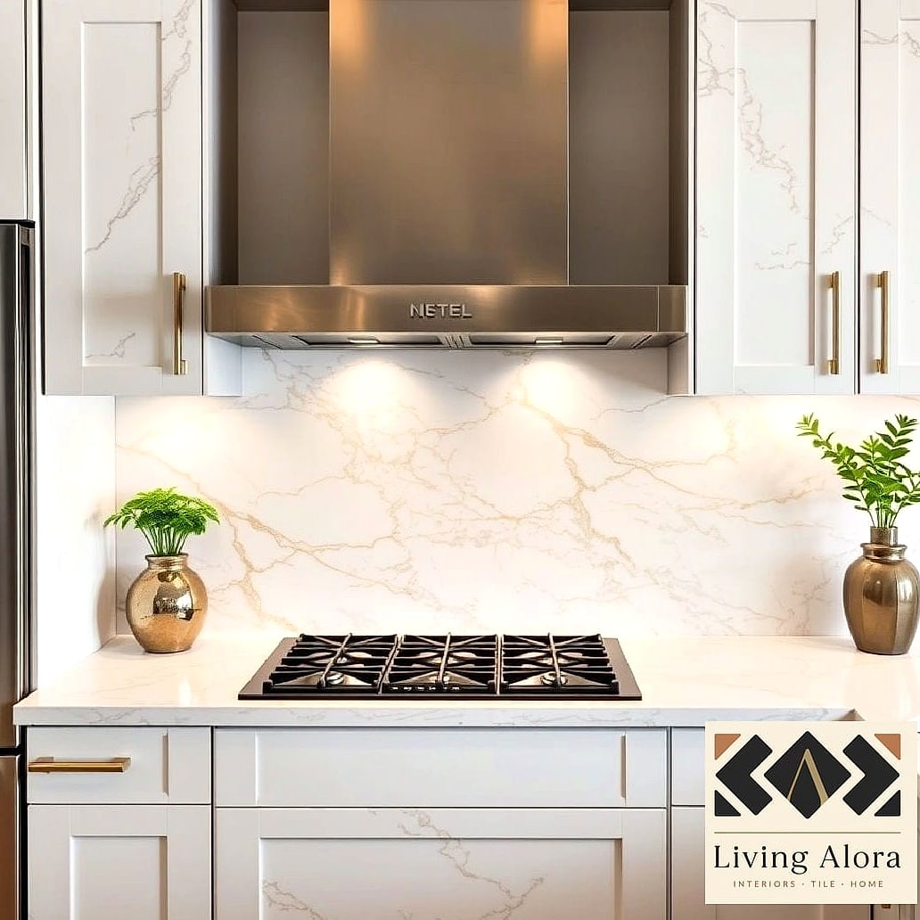 Full Slab White Quartz with Gold-Framed Shelving