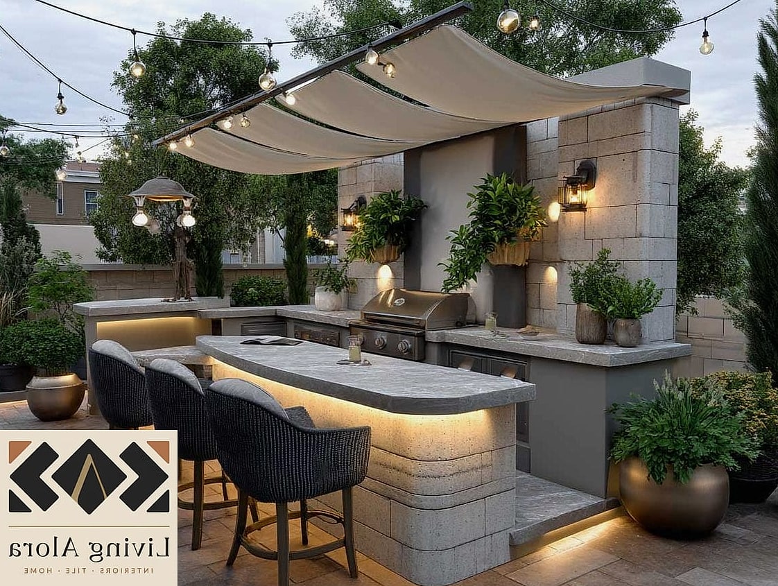 A Fully Covered Outdoor Kitchen With a Roof Structure