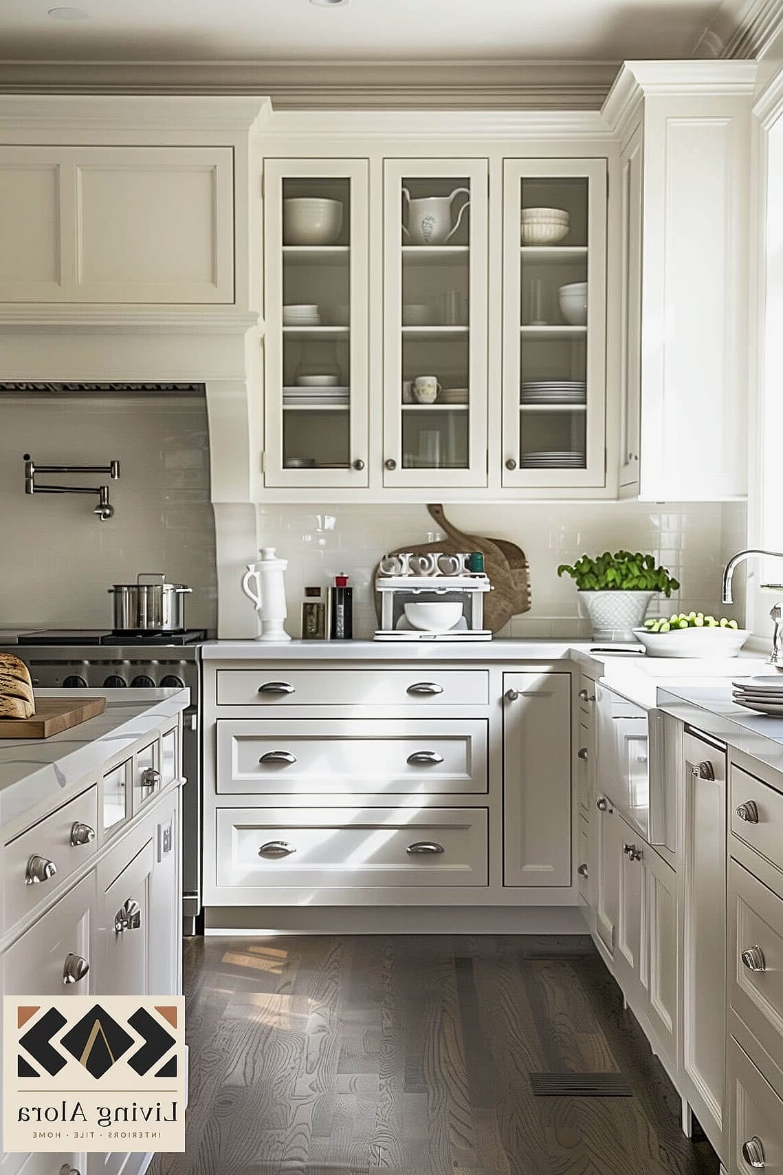 Glass-Front White Cabinets for Open Display