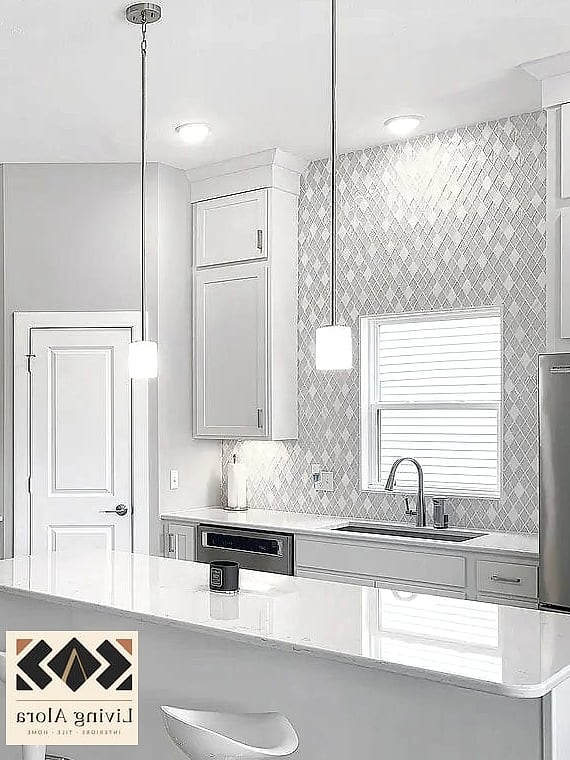 25 Backsplash for White Quartz Countertops Ideas From Homes We Absolutely Love 22 Glass Tile in Soft Blue-Gray
