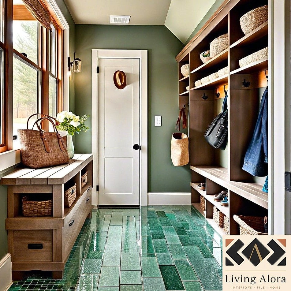 Glass Tile Mudroom Bench Backsplash