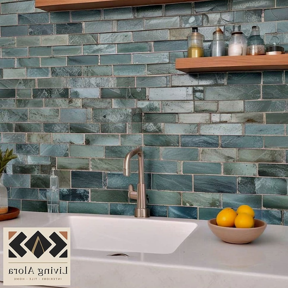 Glass Tile Backsplash Behind Open Shelving