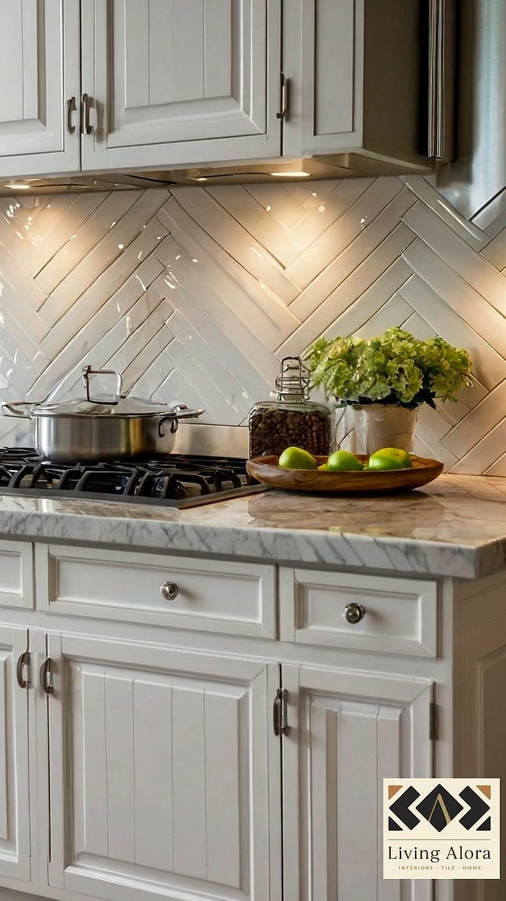 17 White Herringbone Backsplash Ideas to Inspire Your Next Renovation 4 Glossy Ceramic Herringbone for Extra Shine