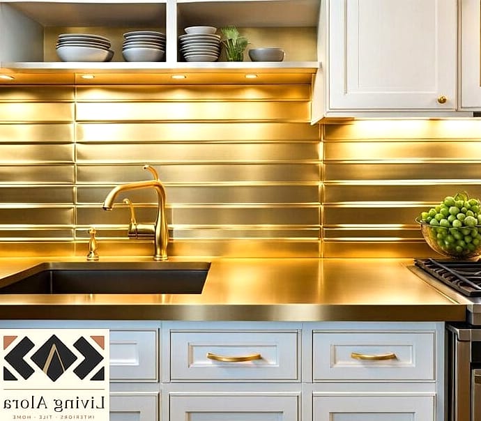 19 Gold Backsplash Ideas That Will Transform Your Space 11 Gold-Rimmed Ceramic Tile