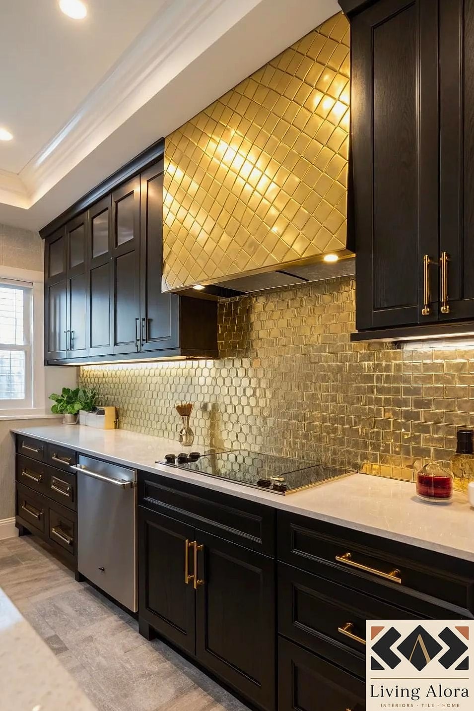 19 Gold Backsplash Ideas That Will Transform Your Space 18 Gold Tile Behind Open Shelving