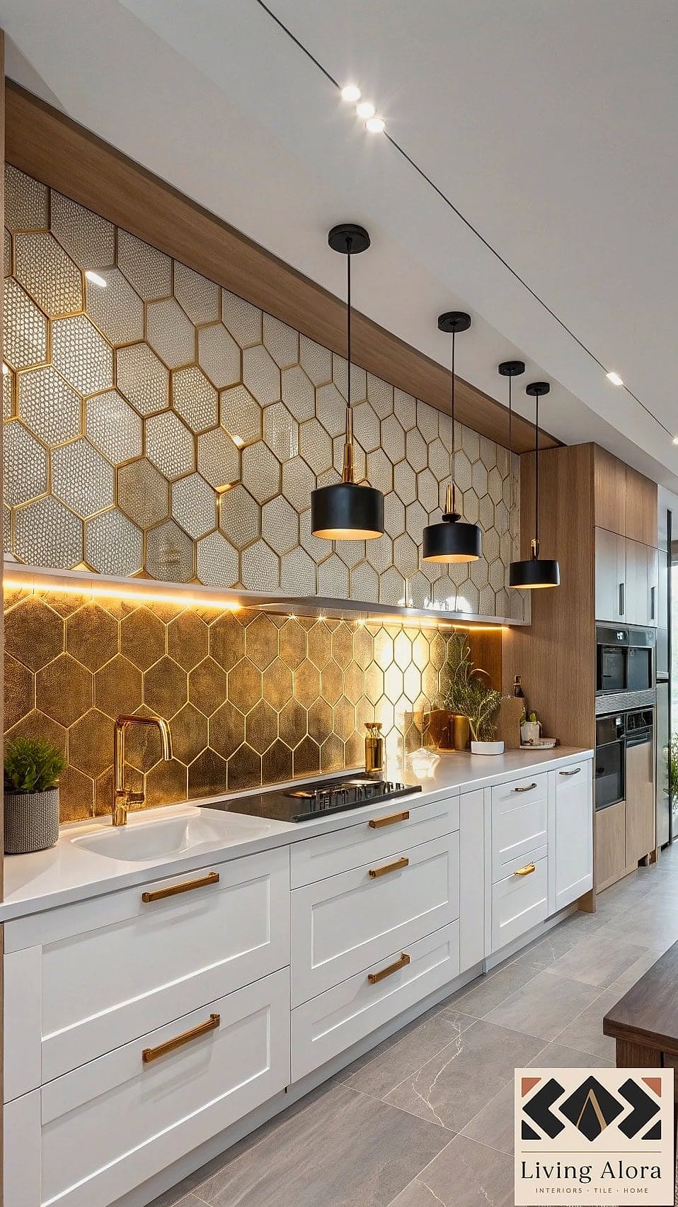 19 Gold Backsplash Ideas That Will Transform Your Space 19 Gold Tile with Under-Cabinet Lighting