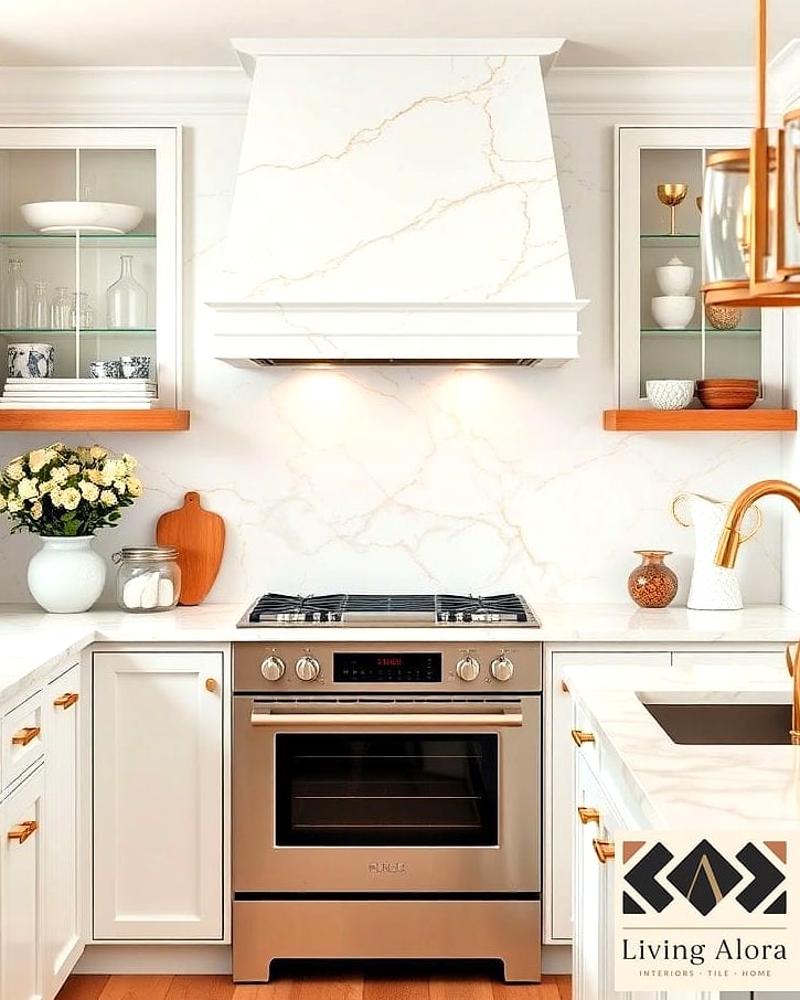 19 Gold Backsplash Ideas That Will Transform Your Space 8 Gold and White Marble Mosaic