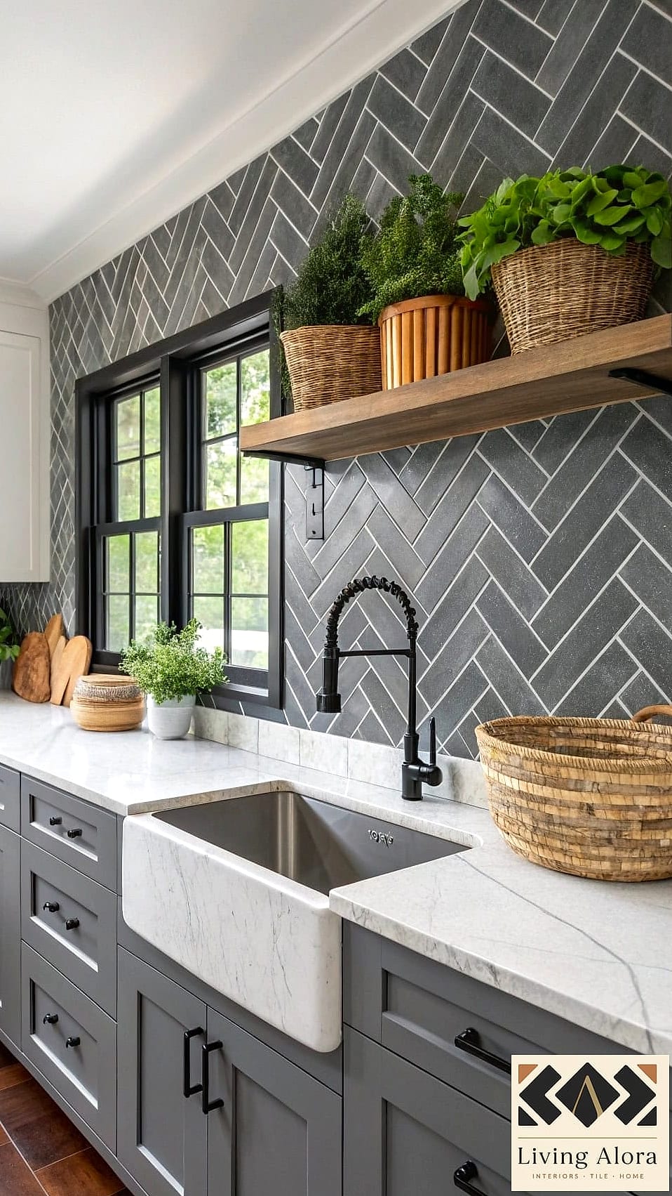 15 Gray Backsplash Ideas You Haven't Seen Before 3 Graphite Herringbone with Brass Trim