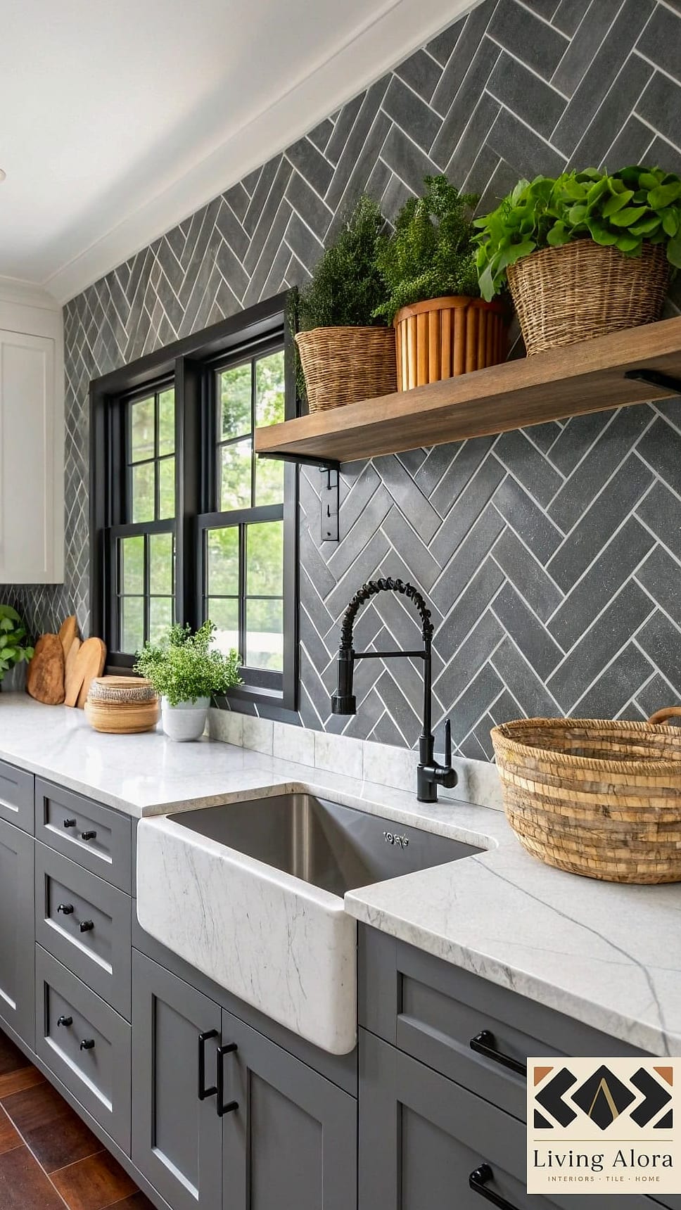 Gray Herringbone with Wood Accents