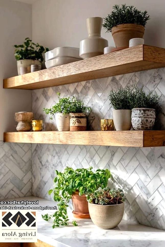 21 Marble Herringbone Backsplash Ideas That Look Expensive But Aren't 15 Herringbone Backsplash with Open Shelving