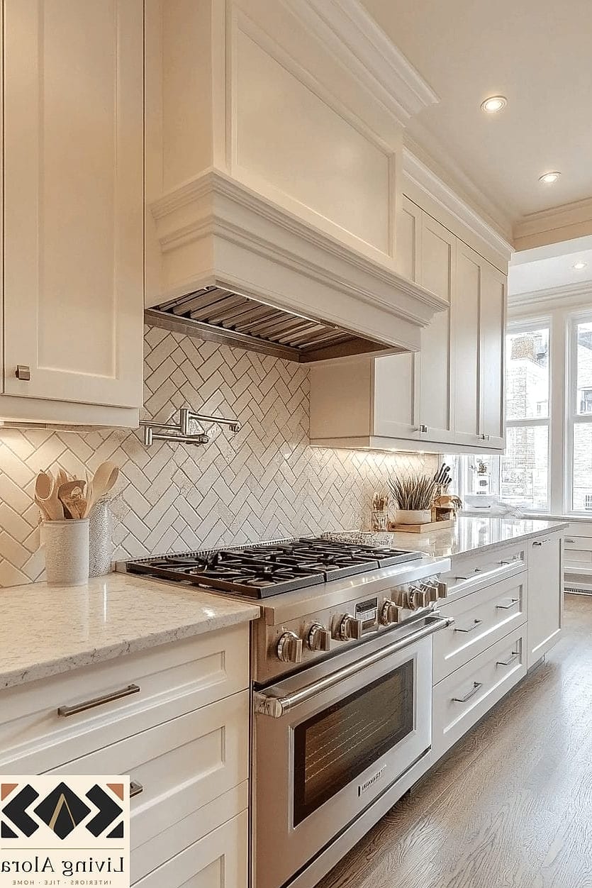 17 White Herringbone Backsplash Ideas to Inspire Your Next Renovation 9 Herringbone Extending to the Ceiling