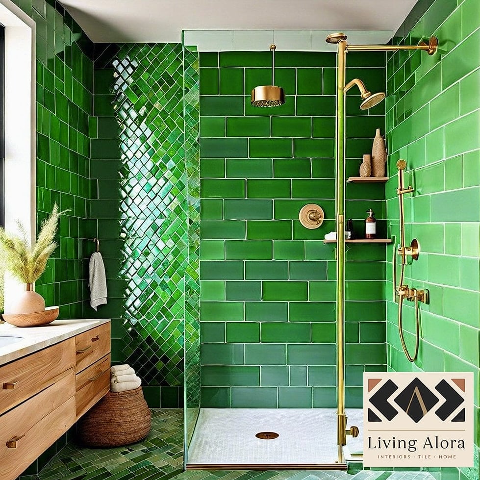 Herringbone Glass Tile Shower Wall