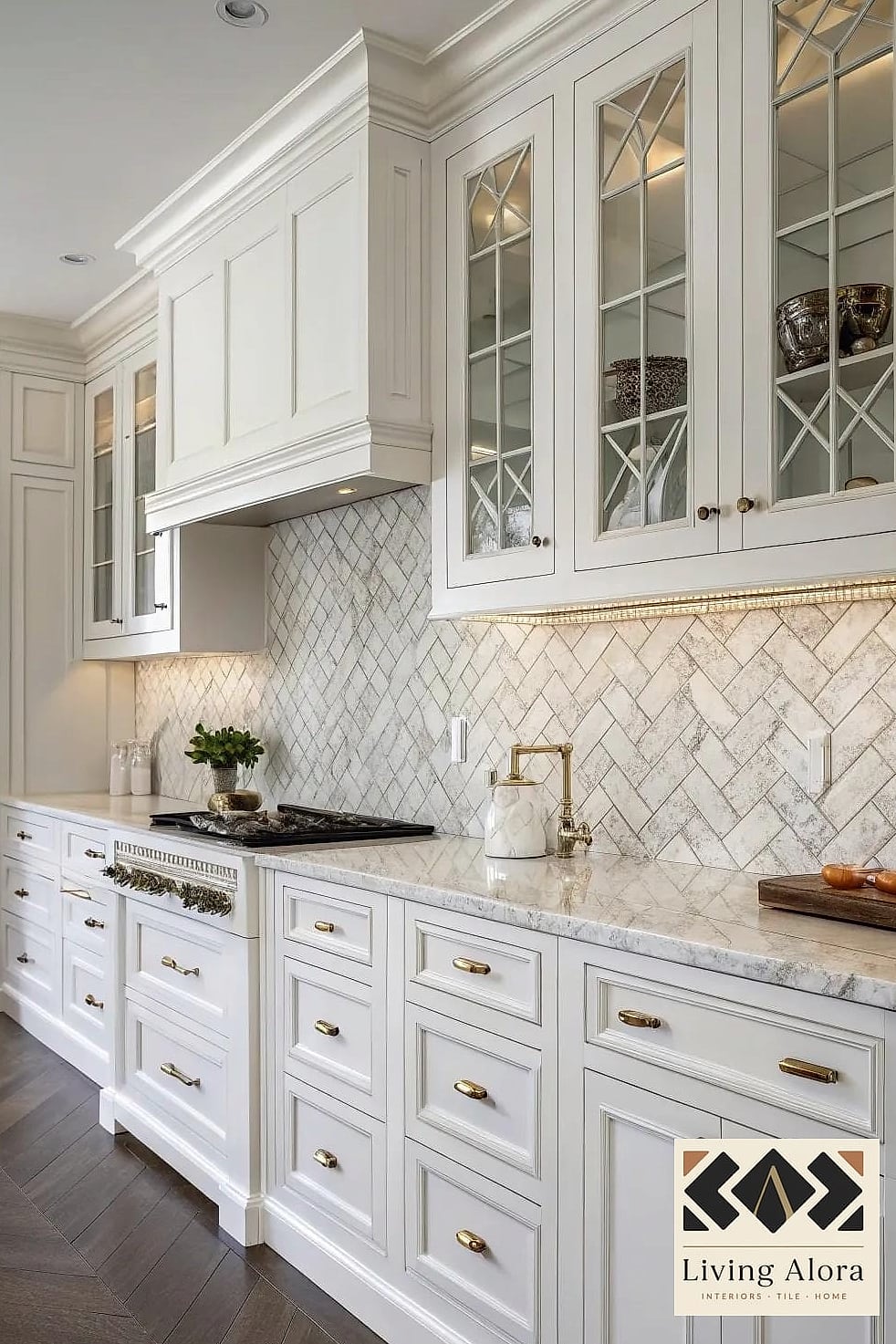 20 Backsplash for White Cabinets Ideas From Homes We Absolutely Love 4 Herringbone Pattern in Marble Look Porcelain