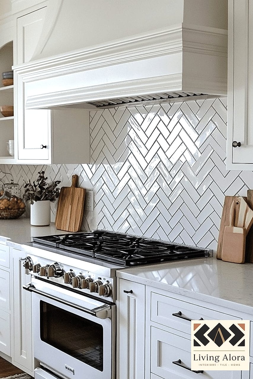 30 White Quartz Backsplash Ideas for Every Home Style and Budget 5 Herringbone Pattern Backsplash