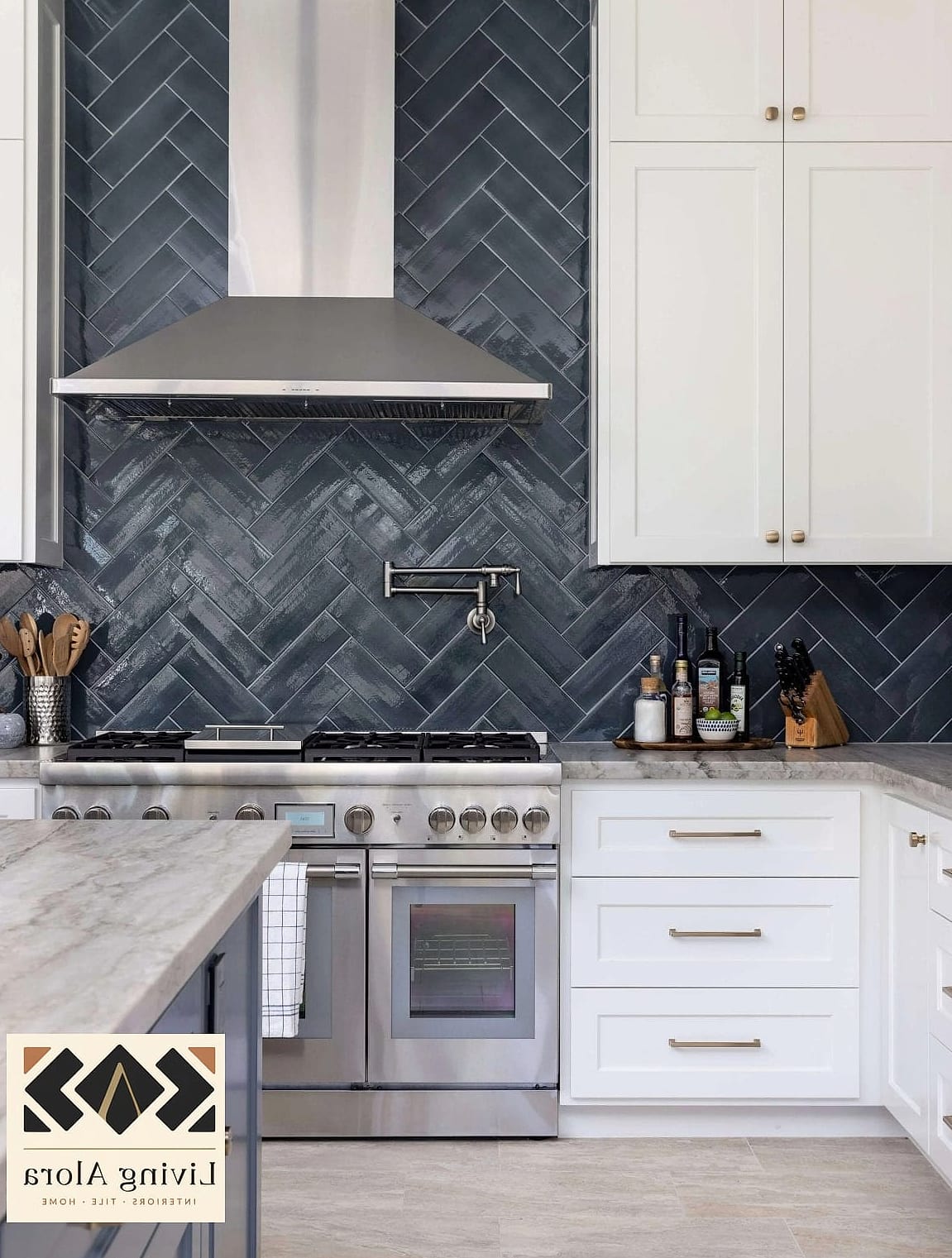 Herringbone Pattern Tile with Black Countertops